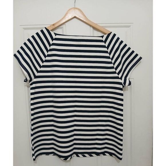 Banana republic womens xl blue white Nautical stripe stretch cap sleeve top - Picture 3 of 5